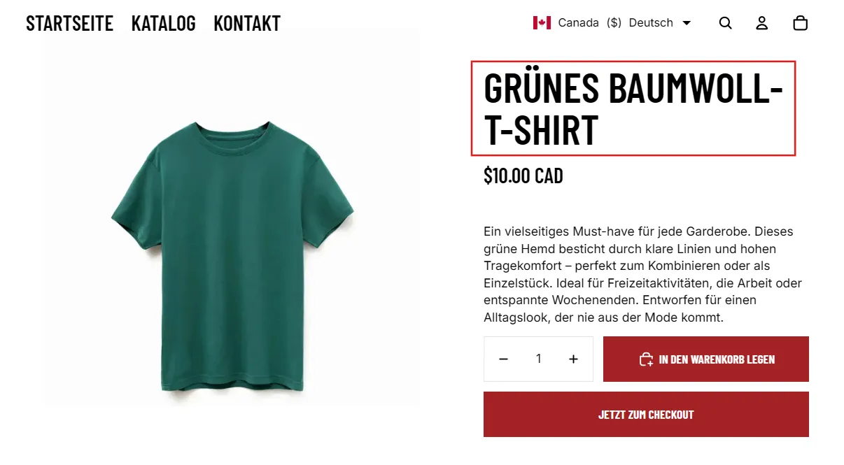 German storefront showing the product title as the merchant's translation, Grünes Baumwoll-T-Shirt