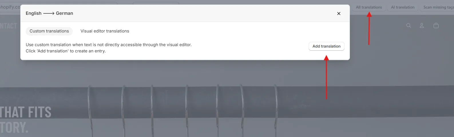 All translations button and Add translation button in the Visual Editor custom translations panel