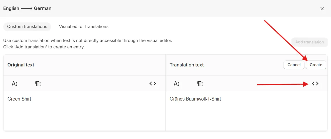Custom translation with code view turned off, showing Grünes Baumwoll-T-Shirt, and the Create button highlighted