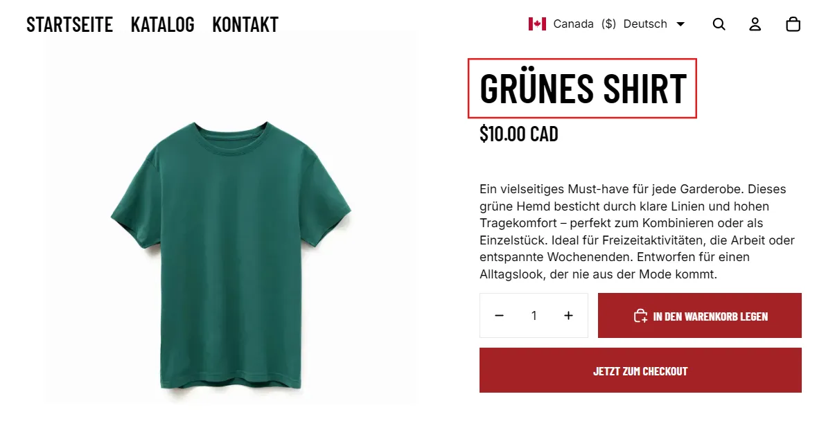 German storefront after loading, with the product title replaced by Auto-Coverage's translation, Grünes Shirt