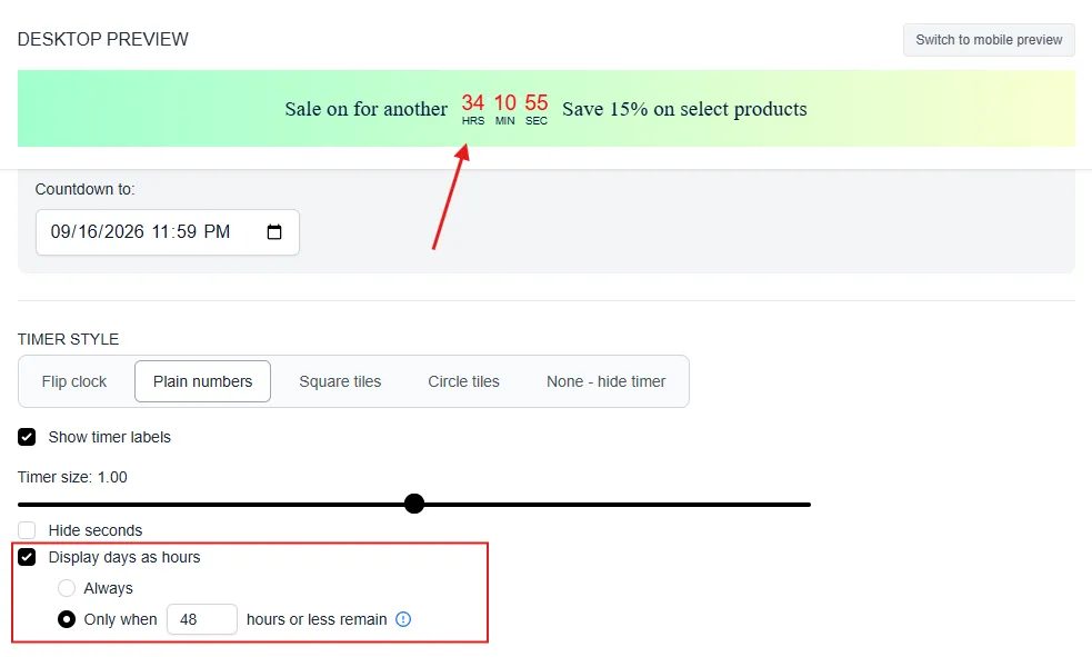 Display days as hours option set to switch when 48 hours or less remain, with the storefront countdown showing 34 hours