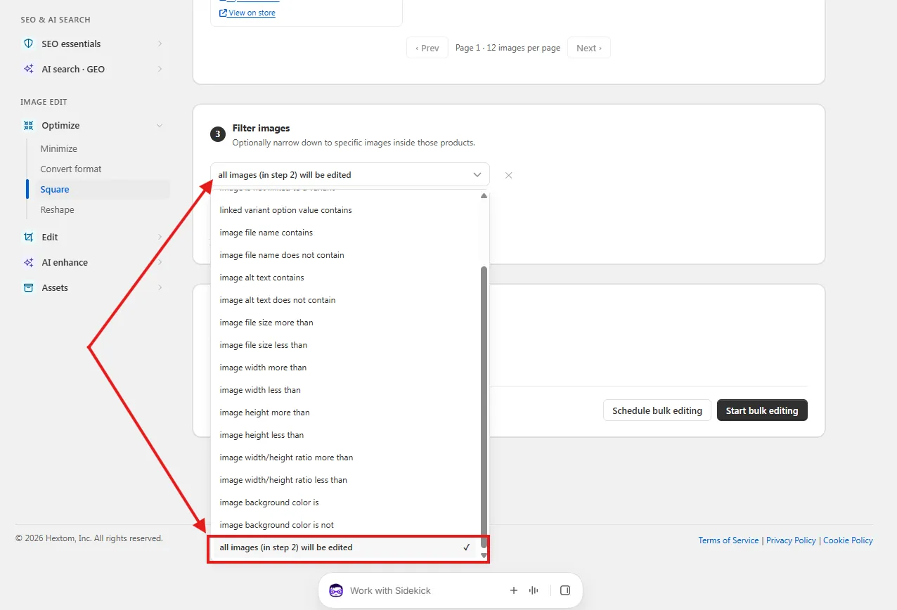 Filter images dropdown listing the available image filters
