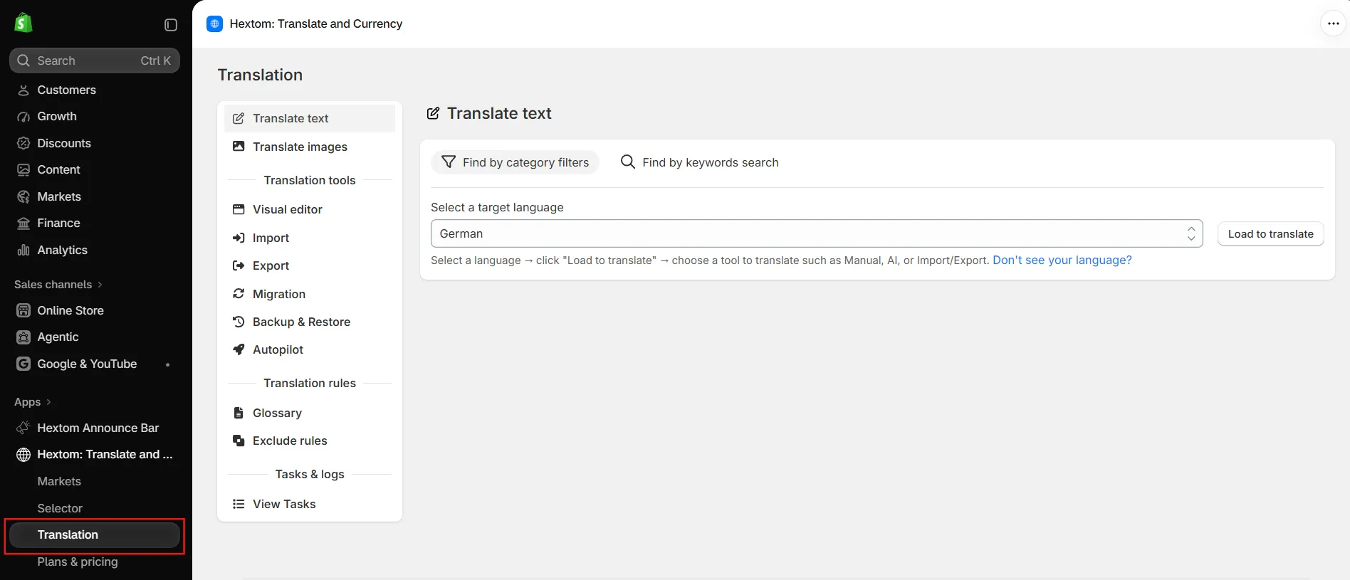 Hextom: Translate and Currency app with Translation highlighted in the Shopify admin sidebar