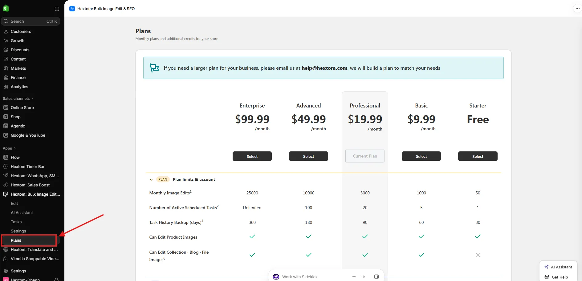 Shopify Admin sidebar with Plans highlighted under Hextom: Bulk Image Edit & SEO
