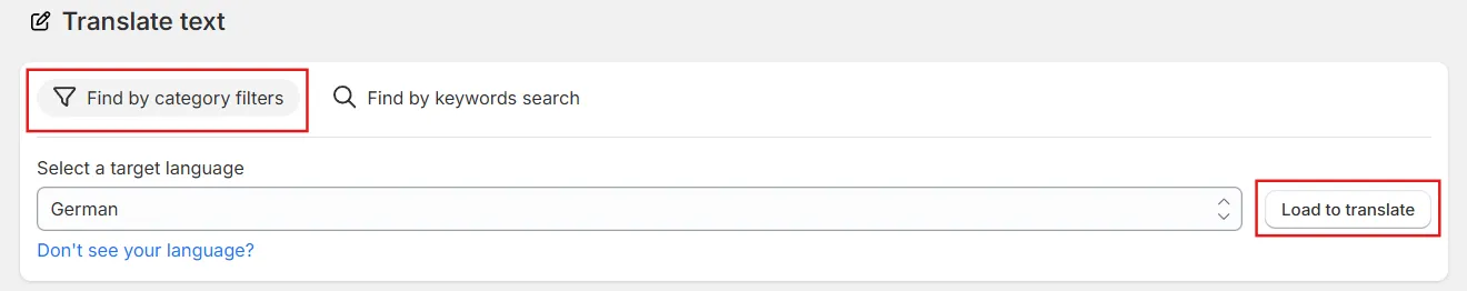 Find by category filters tab with German selected, and the tab and Load to translate button highlighted