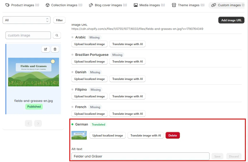 German row marked Translated with the translated image thumbnail, a Delete button, and an Alt-text field