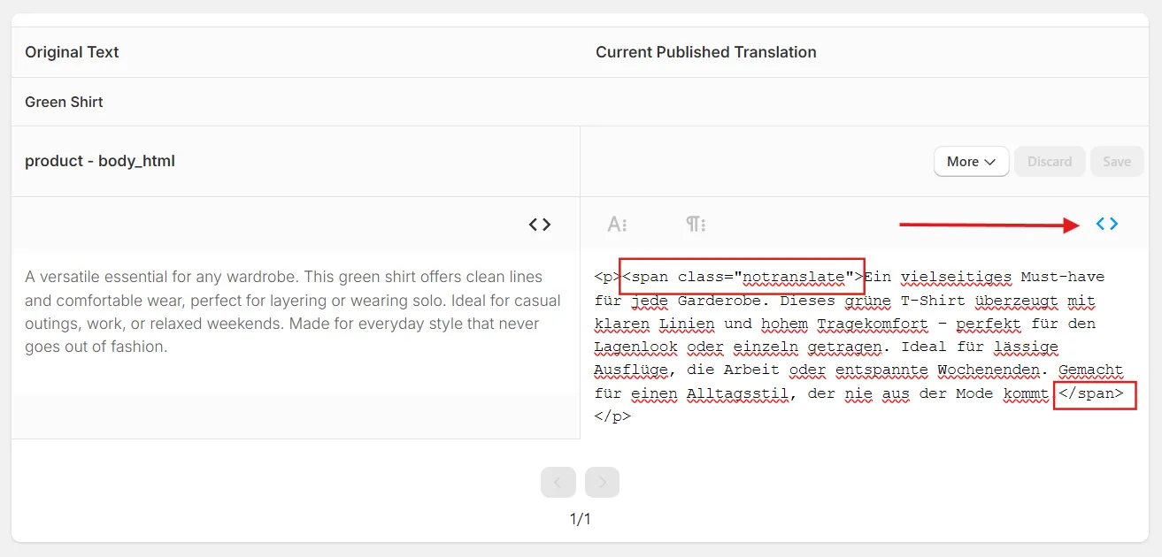 Manual Translation Tool in code view with the German description of the Green Shirt wrapped in a notranslate span