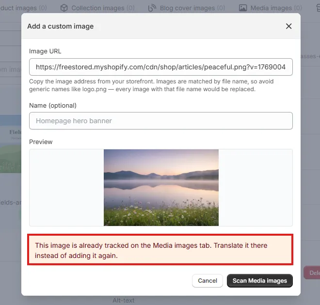 Add a custom image popup warning that the image is already tracked on the Media images tab, with a Scan Media images button