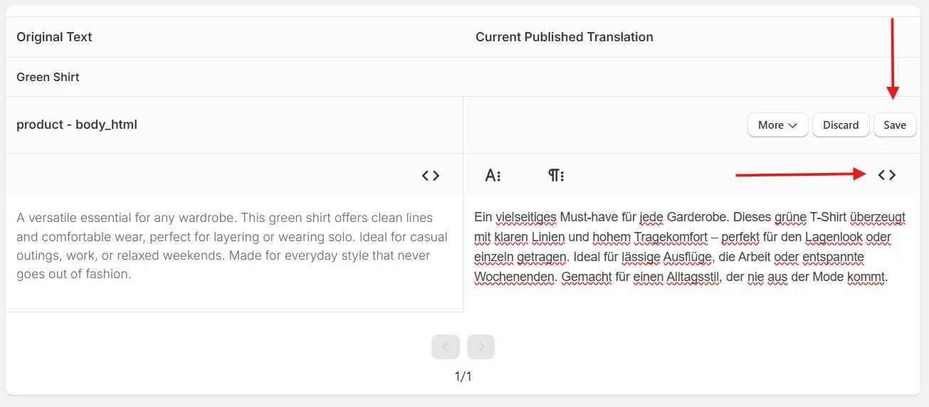 Manual Translation Tool with code view turned off, showing the German description, and the Save button highlighted