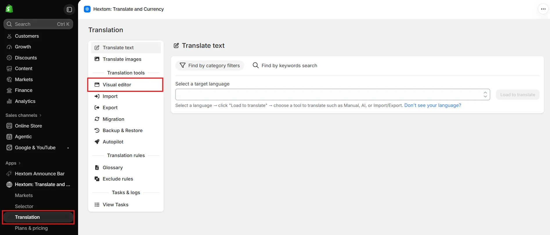 Translation page with Visual editor highlighted under Translation tools