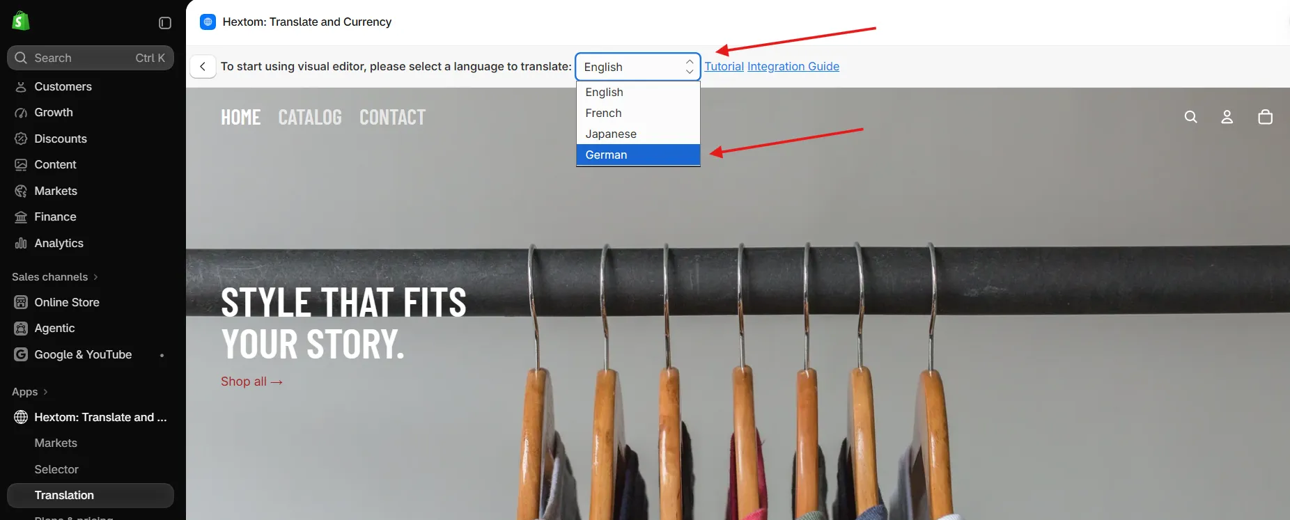 Visual Editor language dropdown with German selected as the target language